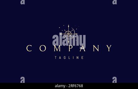 Goldenes Vektorlogo, auf dem ein abstraktes Bild der Galaxie auf dem Hintergrund von Sternen und Kreuz abgebildet ist. Stock Vektor