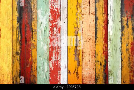 Textur alter Holzbretter mit rissiger Farbe in Weiß, Rot, Gelb, Cyan und Hellgrün. Horizontaler Retro-Hintergrund mit alter Holzbohle Stockfoto