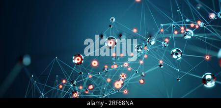 Dynamisches blaues geometrisches Netzwerk, abstrakte Darstellung digitaler Konnektivität, Kommunikation und technologisches Web mit beweglichen Linien und Punkten. Stockfoto