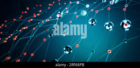 Dynamisches blaues geometrisches Netzwerk, abstrakte Darstellung digitaler Konnektivität, Kommunikation und technologisches Web mit beweglichen Linien und Punkten. Stockfoto