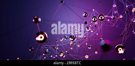 Dynamisches blaues geometrisches Netzwerk, abstrakte Darstellung digitaler Konnektivität, Kommunikation und technologisches Web mit beweglichen Linien und Punkten. Stockfoto