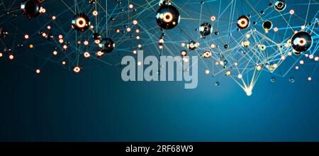 Dynamisches blaues geometrisches Netzwerk, abstrakte Darstellung digitaler Konnektivität, Kommunikation und technologisches Web mit beweglichen Linien und Punkten. Stockfoto