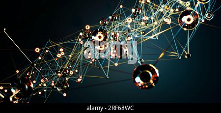 Dynamisches blaues geometrisches Netzwerk, abstrakte Darstellung digitaler Konnektivität, Kommunikation und technologisches Web mit beweglichen Linien und Punkten. Stockfoto