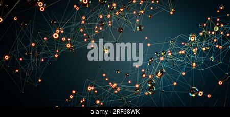 Dynamisches blaues geometrisches Netzwerk, abstrakte Darstellung digitaler Konnektivität, Kommunikation und technologisches Web mit beweglichen Linien und Punkten. Stockfoto