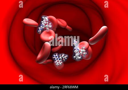 B2-Vitaminstruktur (Riboflavin) im Blutfluss - Kugel-Stab-Schnittansicht 3D-Darstellung Stockfoto