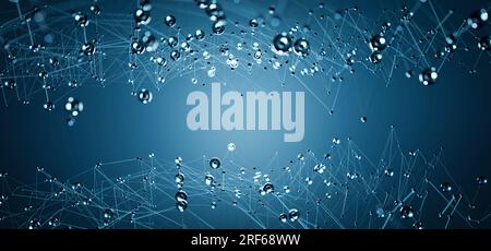 Dynamisches blaues geometrisches Netzwerk, abstrakte Darstellung digitaler Konnektivität, Kommunikation und technologisches Web mit beweglichen Linien und Punkten. Stockfoto