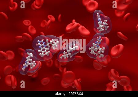 B2-Vitaminstruktur (Riboflavin) im Blutfluss - Kugel und Stab isometrische Darstellung 3D Stockfoto