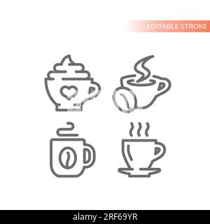 Kaffeetasse oder Tasse mit Symbolen für Dampf, Herz und Bohnen. Schaum-Cappuccino, Espresso heiße Kaffeetassen Liniensatz. Stock Vektor