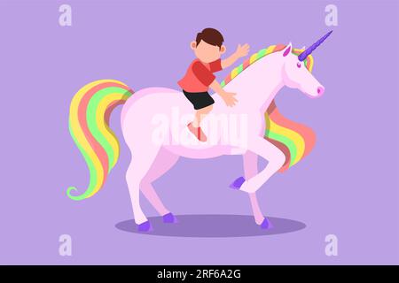 Cartoon-Figur mit flachem Design, der einen fröhlichen kleinen Jungen auf einem niedlichen Einhorn malt. Fröhliches Kind, das im Märchentraum auf dem hinteren Einhorn sitzt. Süße Kinder, die es lernen Stockfoto