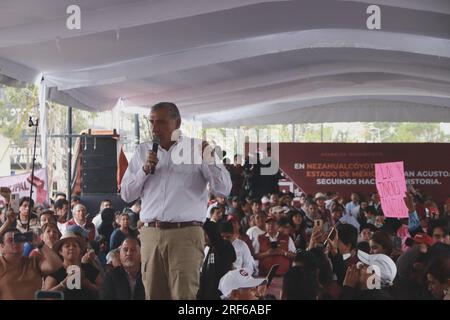 Nicht exklusiv: 30. Juli 2023 in Nezahualcóyotl, Mexiko: Der Kandidat für die Koordination der Verteidigung der Transformation; Adan Augusto Lopez, atten Stockfoto