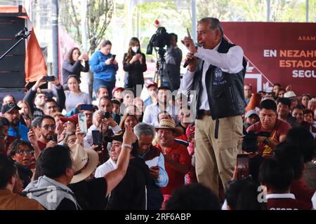 Nicht exklusiv: 30. Juli 2023 in Nezahualcóyotl, Mexiko: Der Kandidat für die Koordination der Verteidigung der Transformation; Adan Augusto Lopez, atten Stockfoto