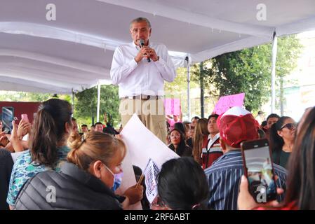 Nicht exklusiv: 30. Juli 2023 in Nezahualcóyotl, Mexiko: Der Kandidat für die Koordination der Verteidigung der Transformation; Adan Augusto Lopez, atten Stockfoto