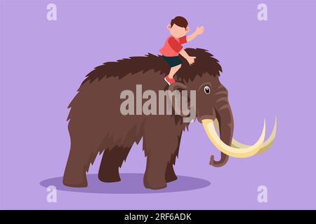 Figur-Flachzeichnung eines tapferen kleinen Höhlenmenschen, der auf einem wolligen Mammut reitet. Süße Kinder, die auf dem Rücken eines Mammuts sitzen. Kinder im Steinalter spielen. Anci Stockfoto