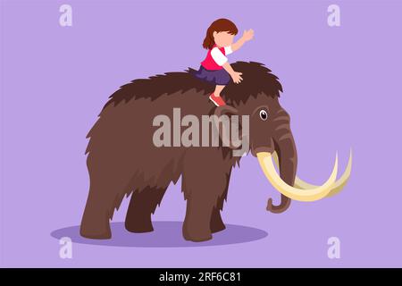 Cartoon-Figur mit flachem Stil, tapferes kleines Mädchen, Höhlenmensch, reitend auf einem Wollmammut. Hübsche Kinder, die hinten auf dem Mammut sitzen. Kinder im Steinalter spielen. Anci Stockfoto