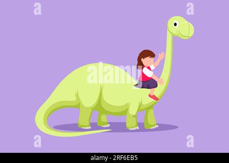 Flaches Grafikdesign mit niedlichem Höhlenmenschen, das auf einem Brontosaurus reitet. Junge, mutige Kinder, die auf dem Rücken eines Dinosauriers sitzen. Uraltes Menschenleben. Ston Stockfoto