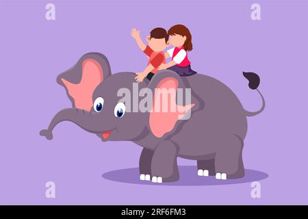 Eine Figur, die einen glücklichen kleinen Jungen und ein Mädchen auf einem Elefanten malt. Kinder, die auf dem Rücken eines Elefanten sitzen und auf Reisen sind. Süße Kinder, die es lernen Stockfoto