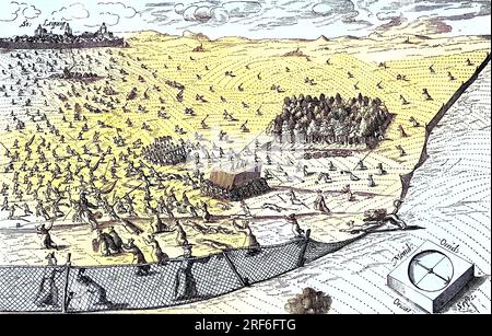 Dreißigjähriger Krieg, der Löwe aus dem Norden durchbricht die von den Jesuiten gezogenen Netze, im Hintergrund Leipzig, satirisches Flugblatt zur Schlacht bei Breitenfeld, Print 1632, Deutschland, Digital improved Reproduktion eines Originaldrucks aus dem 19. Jahrhundert / Dreißigjähriger Krieg bricht der Löwe aus dem Norden die von den Jesuiten gezogenen Netze, im Hintergrund Leipzig, satirisches Flugblatt über die Schlacht von Breitenfeld, gedruckt 1632, Deutschland, digital verbesserte Reproduktion eines Originaldrucks aus dem 19. Jahrhundert Stockfoto