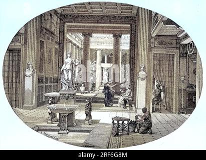 Die Innenräume eines römischen Hauses, Blick vom Atrium durch das Tablinum in das Peristyl, das Peristyl ist in der antiken Architektur ein rechteckiger Hof, der auf allen Seiten von durchgehenden Säulengängen umgeben ist, Rekonstruktion von Professor J. Buehlmann, digitale Verbesserung Reproduktion eines Originaldruckes dem 19. Jahrhundert / die Innenräume eines römischen Hauses, Blick vom Atrium durch das Tablinum in den Peristyle, der Peristyle ist in der antiken Architektur ein rechteckiger Innenhof, der auf allen Seiten von durchgehenden Säulen umgeben ist, Rekonstruktion durch Professor J. Stockfoto