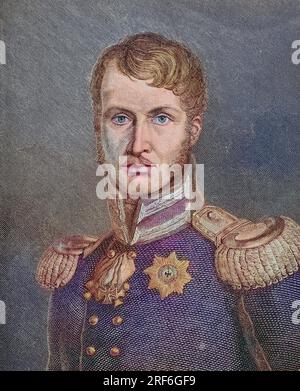 Porträt von Friedrich Wilhelm III., 3. 1770. - 7. August. Juni 1840, Krieg König von Preußen von 1797 bis 1840, er regierte Preußen während der schwierigen Zeiten der Napoleonischen Kriege und des Endes des Heiligen Römischen Reiches, deutsch, digitale verbesserte Reproduktion eines Originaldrucks aus dem 19. Jahrhundert / Portrait von Frederick William III, 3. August 1770 - 7. Juni 1840, war König von Preußen von 1797 bis 1840, er herrschte Preußen während der schwierigen Zeiten der Napoleonischen Kriege und des Endes des Heiligen Römischen Reiches, Digitale verbesserte Reproduktion eines Originaldrucks aus dem 1 Stockfoto