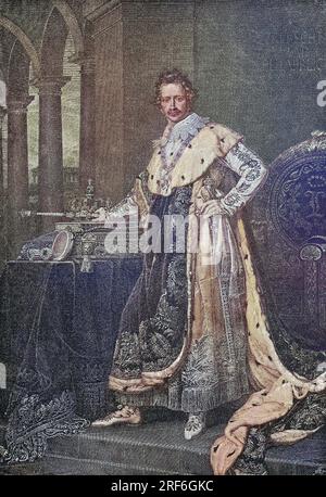 Ludwig I., 25. 1786. - 29. August. Februar 1868, Krieg von 1825 bis zu den Revolutionen in den deutschen Staaten 1848 König von Bayern, Gemälde von Joseph Karl Stieler, 1826, Darstellung im Krönungsgewand, digitale Verbesserung Reproduktion eines Originaldrucks aus dem 19. Jahrhundert / Ludwig I, 25. August 1786 - 29. Februar 1868, war König von Bayern von 1825 bis zu den 1848 Revolutionen in den deutschen Staaten, Gemälde von Joseph Karl Stieler, 1826, Darstellung im Krönungsmantel, digitale verbesserte Reproduktion eines Originaldrucks aus dem 19. Jahrhundert Stockfoto