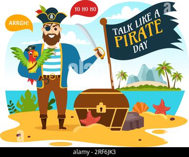 Internationale Vorträge wie Ein Piratentag Vektorabbildung mit einem Cartoon-Charakter in der Hand, der für Webbanner oder Landing-Page-Vorlagen gezeichnet wurde Stock Vektor