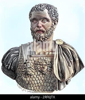 Antike Marmorbüste des Lucius Septimius Severus Pertinax, 11. 146. - 4. April. Februar 211, Kriegrömischer Kaiser vom 9. April 193 bis zum 4. Februar 211, im Kapitolinischen Museum, Rom, Italien, digitale verbesserte Reproduktion eines Originaldrucks aus dem 19. Jahrhundert / Alte Marmorbrüste von Lucius Septimius Severus Pertinax, 11. April 146 - 4. Februar 211, war römischer Kaiser vom 9. April 193 bis 4. Februar 211, im Kapitolinischen Museum, Rom, Italien, digitale verbesserte Reproduktion eines Originaldrucks aus dem 19. Jahrhundert Stockfoto