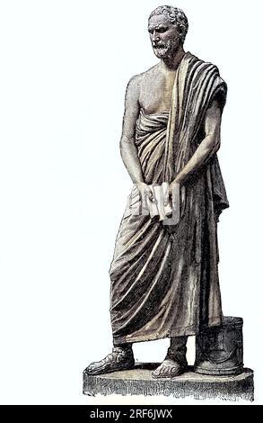 Demosthenes, 384 v. Chr. - 322 v. Chr., war einer der bedeutendsten griechischen Redner. Nach dem Philokratesfrieden von 346 v. Chr. stieg er zum führenden Staatsmann Athen auf, die Statue des Demosthenes im Vatikan, digitale verbesserte Reproduktion eines Originaldrucks aus dem 19. Jahrhundert / Demosthenes, 384 v. Chr. - 322 v. Chr., war einer der wichtigsten griechischen Redner. Nach dem Frieden der Philokraten von 346 v. Chr. stieg er zum führenden Staatsmann von Athen auf, der Statue der Demosthenen im Vatikan , einer digital verbesserten Reproduktion eines Originaldruckes aus dem 19. Jahrhundert Stockfoto