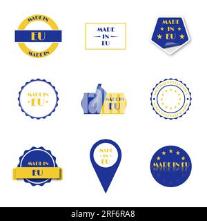 Satz verschiedener Etiketten „Made in European Union“, isoliert auf weißem Hintergrund, Vektordarstellung. Stock Vektor