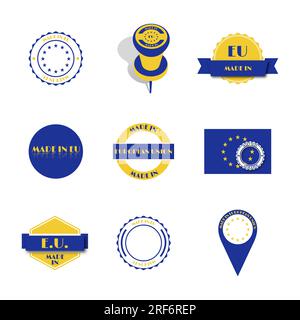 Satz verschiedener Etiketten „Made in European Union“, isoliert auf weißem Hintergrund, Vektordarstellung. Stock Vektor