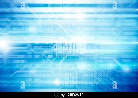 Glänzender blauer Hintergrund. Binärer Hintergrund im Matrixstil mit fallender Zahl und technologischem Hintergrund. Stockfoto