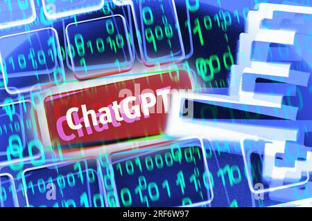 FOTOMONTAGE, Computertaste mit der Aufschrift ChatGPT und Cursor auf Computertastatur Stockfoto