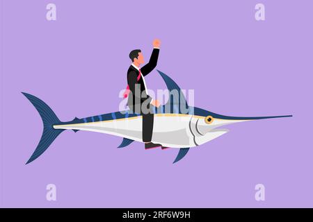 Cartoon-Zeichnung im flachen Stil eines mutigen Geschäftsmanns, der riesige gefährliche Marlin-Fische reitet. Professioneller Unternehmercharakter kämpft mit Bestienräutern. Busi Stockfoto