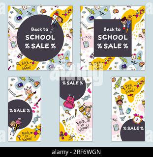 Back to School Sale – Tafel mit Schulmaterial wie Lineale, Bleistifte, Hütchen, Rucksack, Notizbuch, Glühbirne, Bürsten und ABC Stock Vektor