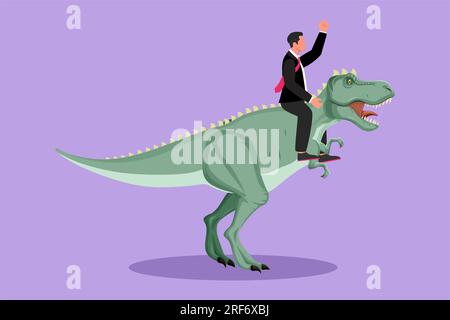 Cartoon-Zeichnung im flachen Stil eines mutigen Geschäftsmanns, der auf einem riesigen gefährlichen Tyrannosaurus reitet. Professioneller Unternehmer, männlicher Charakter, Kampf mit Raubtier. Bus Stockfoto