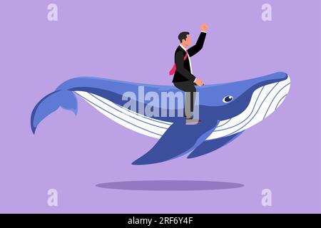 Figur-Zeichnung eines mutigen Geschäftsmanns, der auf einem riesigen gefährlichen Blauwal reitet. Männlicher Unternehmer. Erfolgreicher Geschäftsmann. Busin Stockfoto