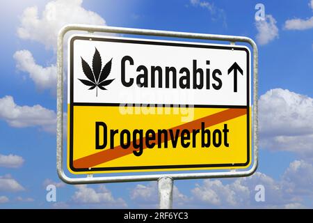 FOTOMONTAGE, Schild mit Aufschrift Cannabis und durchgestrichener Aufschrift Drogenverbot Stockfoto