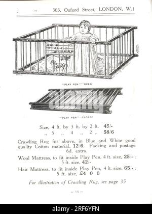 Seite aus dem Millsons-Katalog für Kindergartenmöbel, ca. 1935, mit dem Play Pen geöffnet Stockfoto