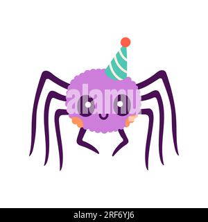 Frohes Halloween. Vektor-süße Illustration einer lila Spinne in einem Partyhut in trendigen Farben für Postkarten, Flyer, Banner Stock Vektor