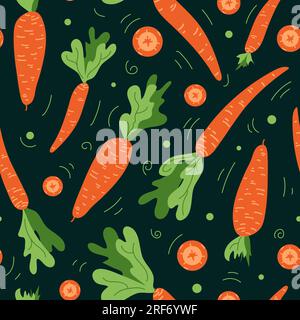 Nahtloses Karottenmuster. Süße kindische Zeichnung. Orangengemüse. Gesunder Lebensstil, richtige Ernährung, Ernte, Veganismus. In flachem Stil. Für Kiefer Stock Vektor