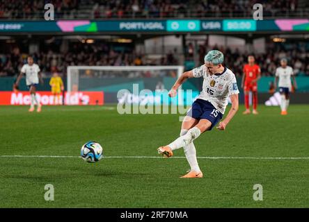 August 01 2023: Megan Rapinoe (USA) Gesten während eines Spiels, AT, . Kim Price/CSM Stockfoto