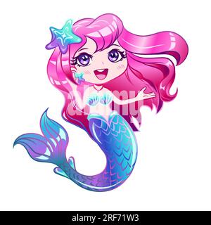 Die kleine Meerjungfrau mit rosa Haaren singt ein Lied. Süße kleine Meerjungfrau mit Design auf weißem Hintergrund. Vektordarstellung. Stock Vektor