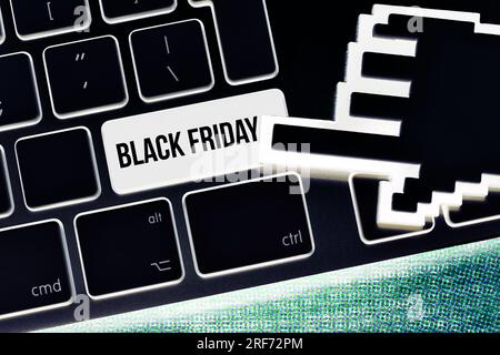 FOTOMONTAGE, Computergeschmack mit der Aufschrift Black Friday Stockfoto