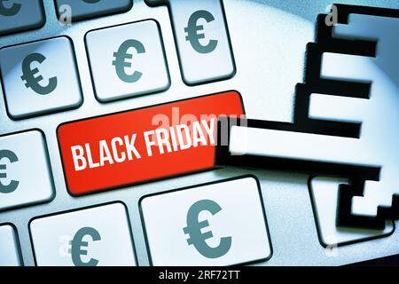 FOTOMONTAGE, Computertaste mit der Aufschrift Black Friday und Eurozeichen Stockfoto