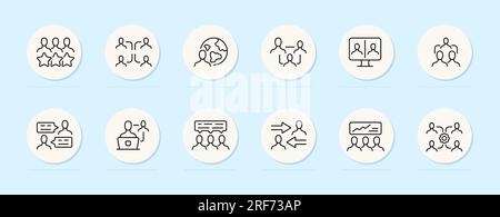 Symbol für Kommunikationsleitung. Leute, Monitor, Ausrüstung. Planet, Nachricht, Diagramm, Hintergrundfarbe Vektorliniensymbol Stock Vektor