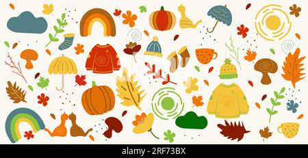 Vektorsammlung mit Herbstsymbolen und -Elementen. Herbstfarben. Stock Vektor