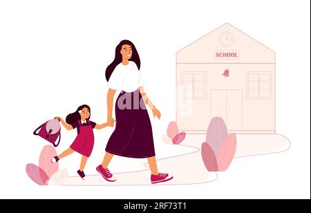 Zurück zur Schule.Mutter und Tochter Mädchen gehen zum 1. Schultag.Mutter unterstützt ihr Kind.Happy Primary Pupil School child with Schoolbag.Family FL Stockfoto