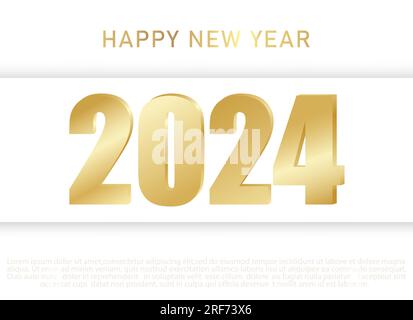 Frohes Neues Jahr 2024. Goldene 3D-Zahlen mit Glückwunsch auf weißem Hintergrund. Vektor Stock Vektor