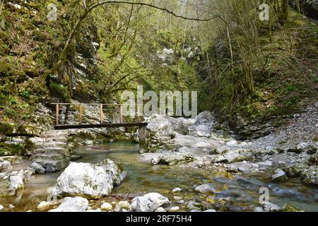 Pfad zum Kozjak-Wasserfall in der Nähe von Kobarid in Slowenien mit einer hölzernen Brücke über den Kozjak-Bach Stockfoto