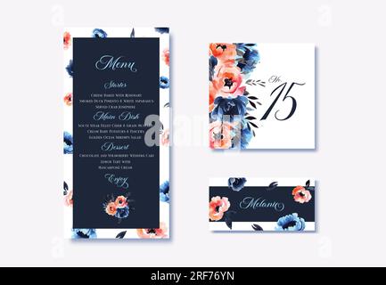 Hochzeitsmenü in Aquarellfarben mit Blumenmotiv, Tisch- und Begleitkarten mit maritimblauen und orangefarbenen Blumenmotiven. Stock Vektor