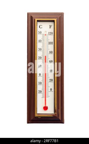 Thermometer isoliert auf weißem Hintergrund, Temperatur- und Kältemessung Stockfoto